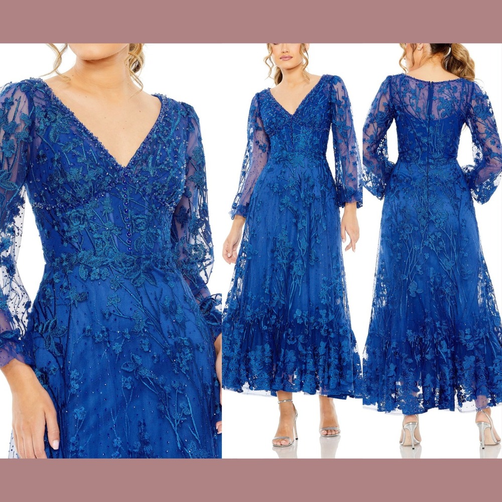 NWT‎ Mac Duggal [ 10 ] 20512 V-Neck Puff Sleeve A Line Embellished Dress #J2397